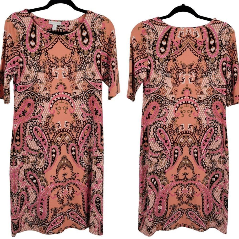 Charter Club Dress S Pink Paisley Bandana Shift Stretch Elbow‎ Sleeve Tea Length